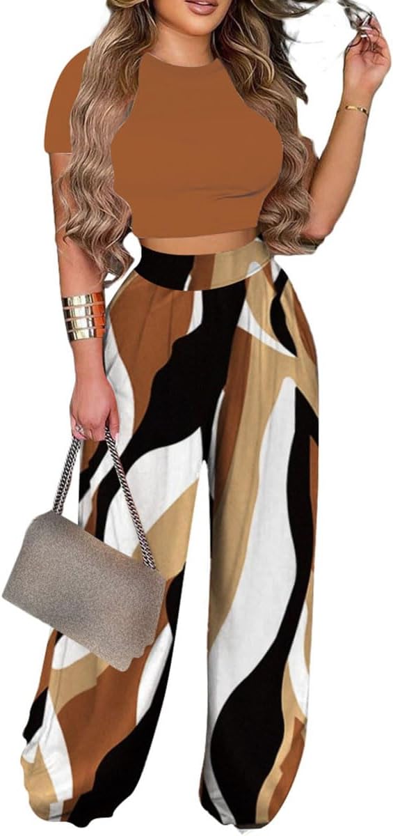 2 Piece Outfits for Women Short Sleeve Crop Top High Waist Wide Leg Long Pant Sets Tracksuit Sport Set