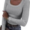 Roselux Womens Long Sleeve Scoop Neck Ribbed Knit Fitted Casual Tops Tee Slim Basic Shirts